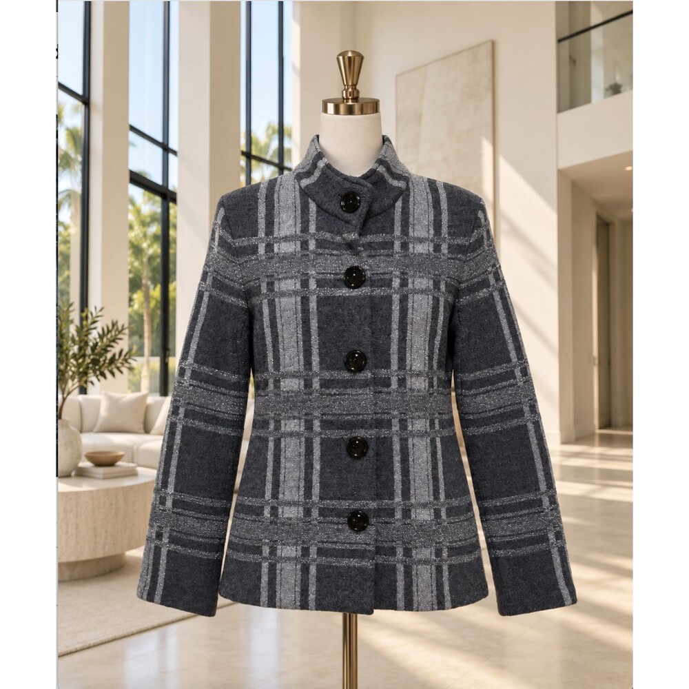 Jones New York Gray Plaid Wool Blend Jacket Coat S Tailored Luxury Button Front
